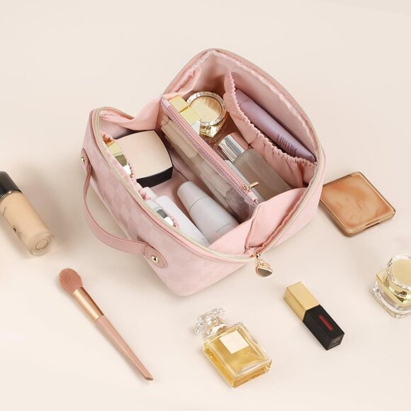 Makeup Bag for Women Travel Waterproof Vegan Leather Cosmetic Bag Open Flat Toil - Picture 9 of 9